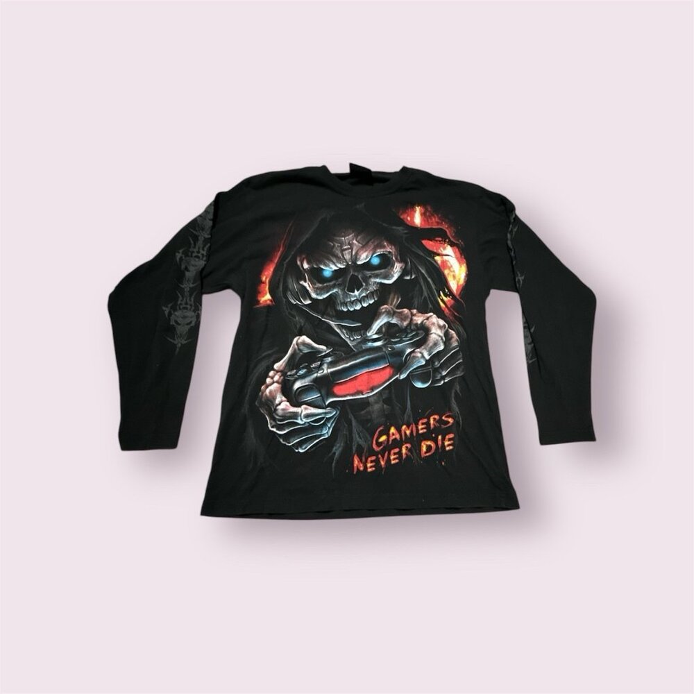 Spiral Direct Shirt Mens‎ L Black RESPAWN Long Sleeve Gamer Tattoo Skull Reaper